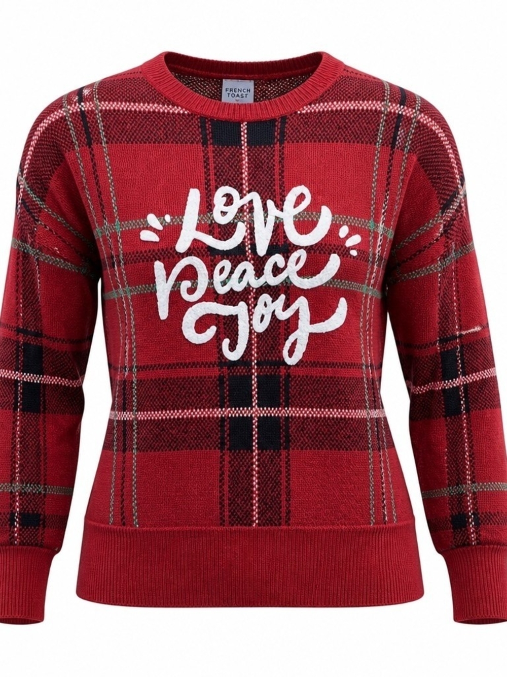Holiday Time Love Peace Joy Plaid Christmas Sweater Women's XS NWT Red Pullover